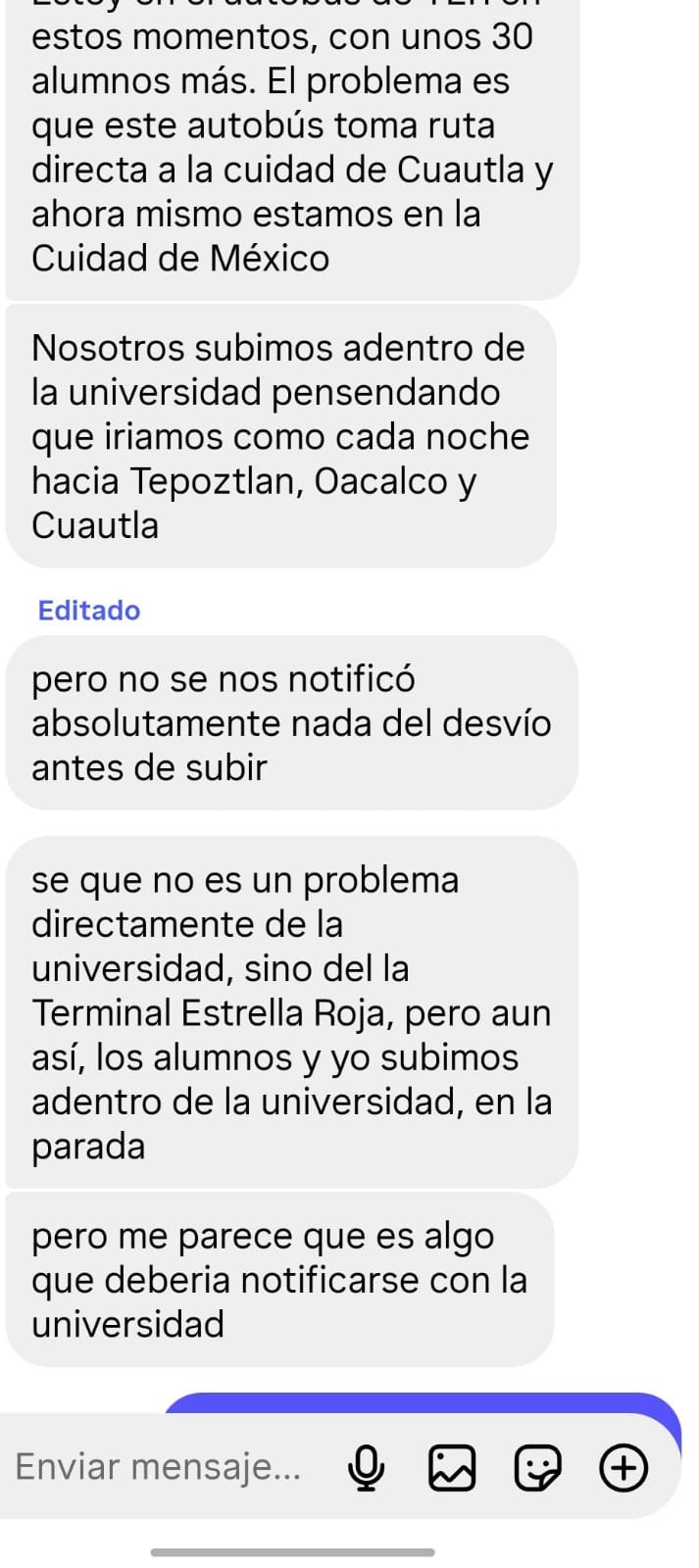 Alumnos de la UAEM denuncian desvío de autobús ter; terminamos en CDMX